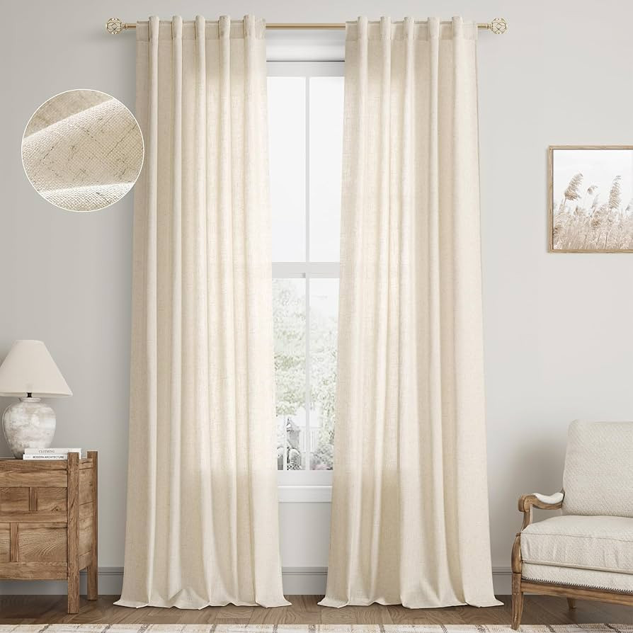 Beige Flax Linen Curtains 84 inches Long for Living Room 2 Panels Back Tab Rod Pocket Semi Sheer ... | Amazon (US)