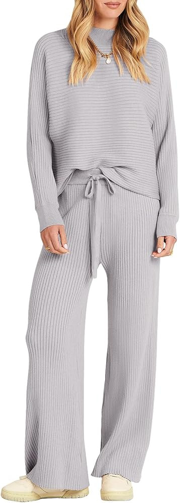 ANRABESS Women's Two Piece Outfits Crop Top Wide Leg Pants Cozy Knit Sweater Lounge Sets 2024 Fal... | Amazon (US)