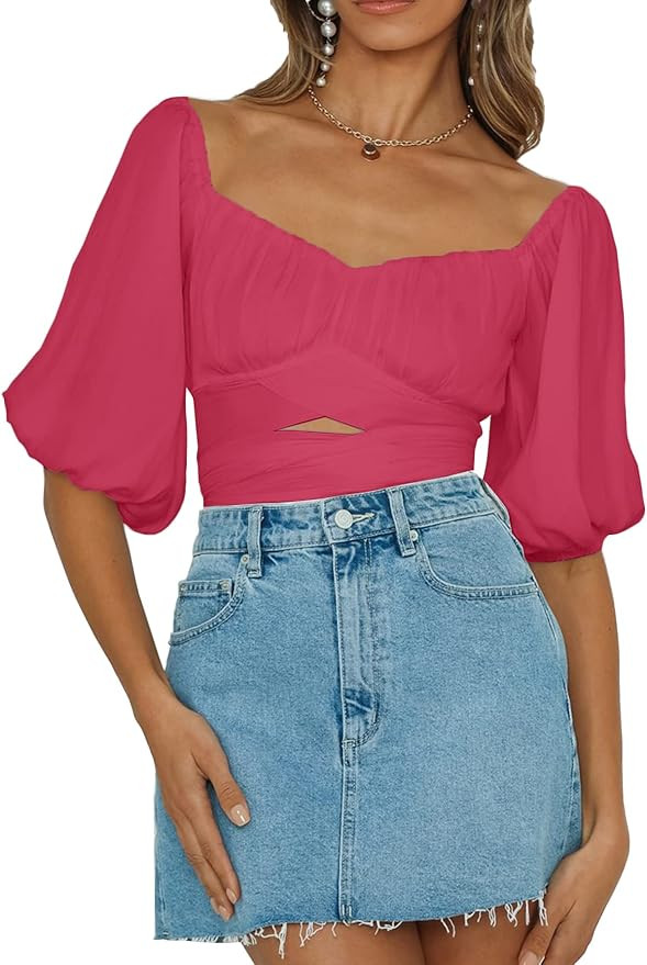 Umenlele Women's Sexy Off Shoulder Ruched Puff Half Sleeve Tie Knot Blouse Crop Top | Amazon (US)