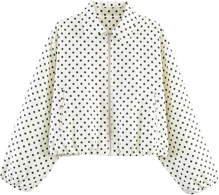 Xiaojmake Women's Polka Dot Baseball Jacket Zip Front Cropped Puff Hem Coat | Amazon (US)