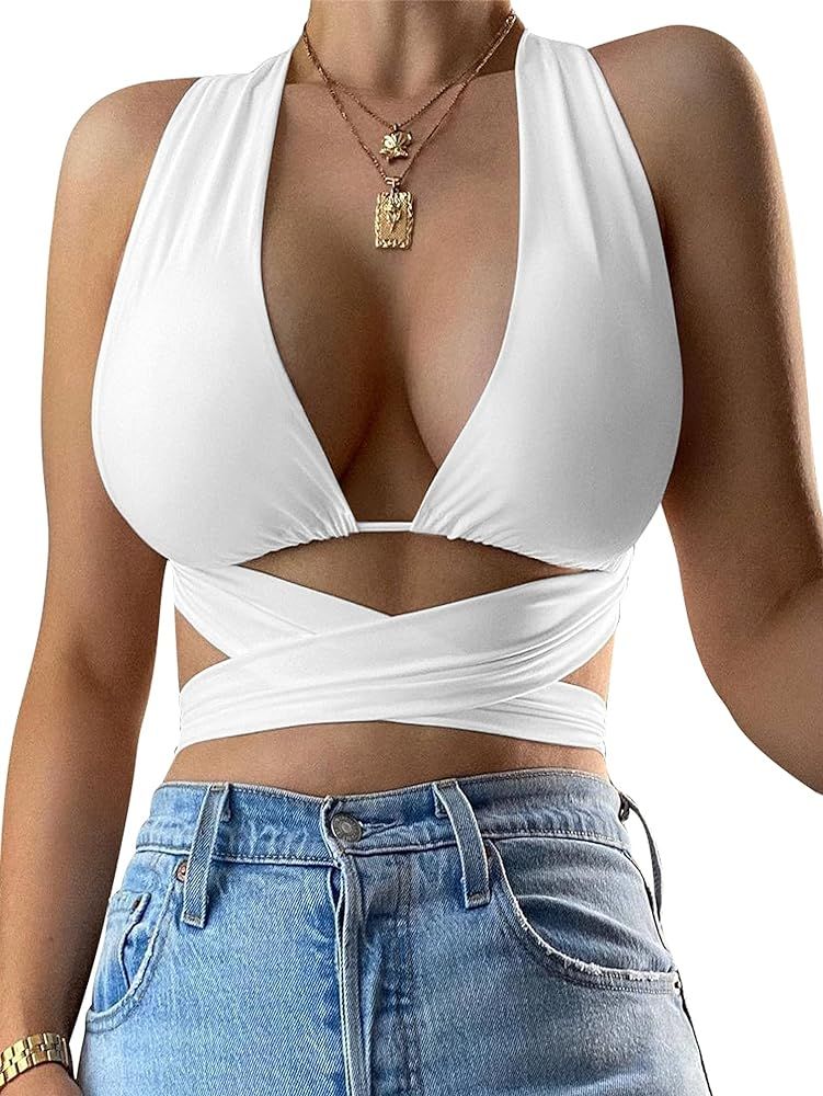 Kaximil Women's Sexy Sleeveless Halter Criss Cross Cami Lace Up Self Tie Tank Crop Tops | Amazon (US)