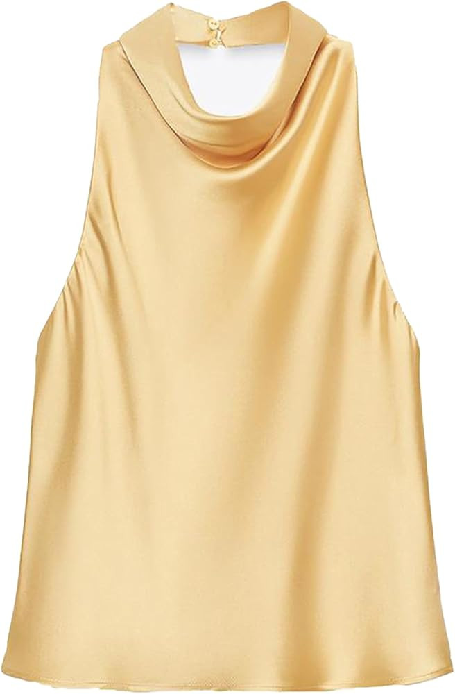 Camiseta sin mangas de satén para mujer, sin espalda, cuello halter, elegante, drapeado frontal,... | Amazon (US)