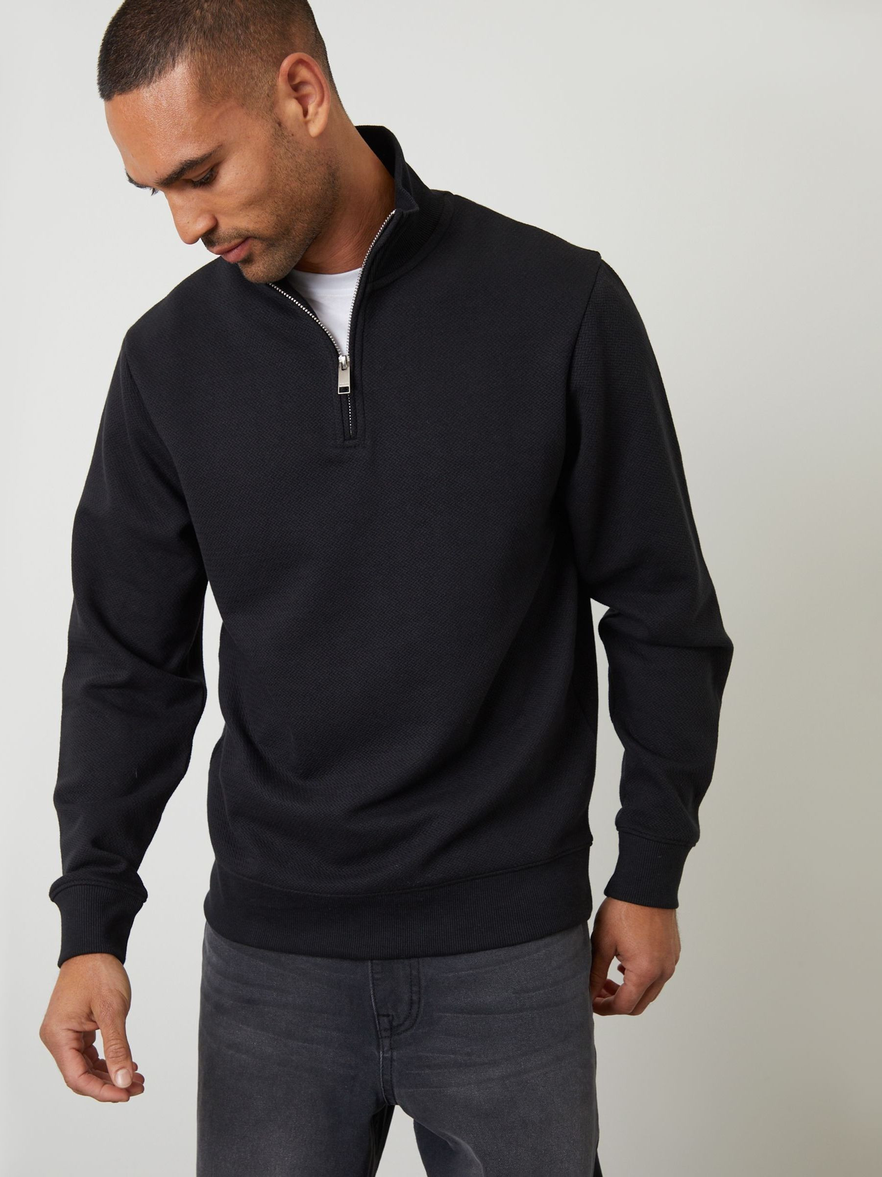 Threadbare Threadbare Black Textured Quarter Zip Sweatshirt | Next US