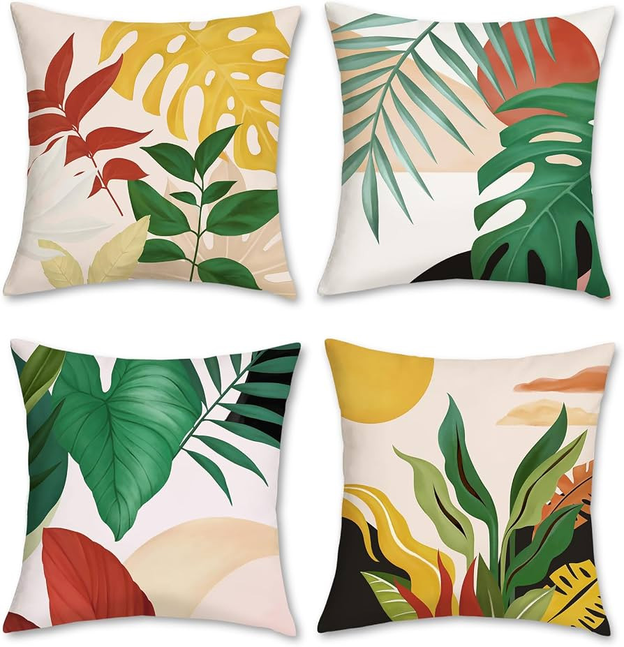 Bonhause Tropical Leaves Throw Pillow Covers 18x18 Set of 4 Summer Palm Leaf Sunset Decorative Pi... | Amazon (US)