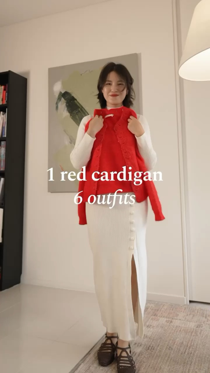 1 red cardigan, 6 outfits 
Wearing red knit in XS (fits true to size)
Blue trousers in size 2 (I should have gotten 0)
Sweatpants in XS
Beige trousers in 0