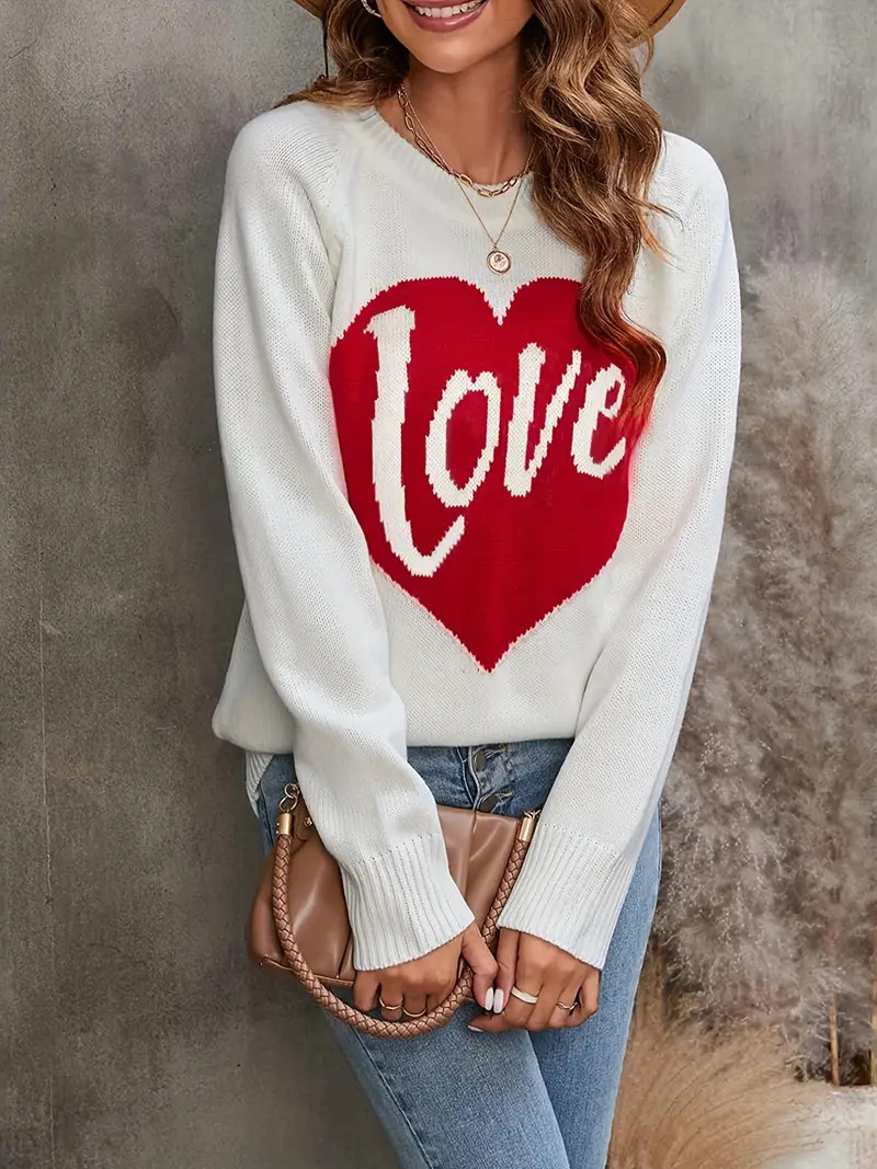 Heart Pattern Crew Neck Pullover Sweater Casual Long Sleeve - Temu | Temu Affiliate Program