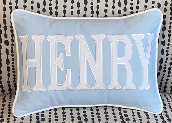 Nursery Pillow with Applique Name or Monogram, Light Blue and White Long Lumbar Pillow, Insert In... | Etsy (US)