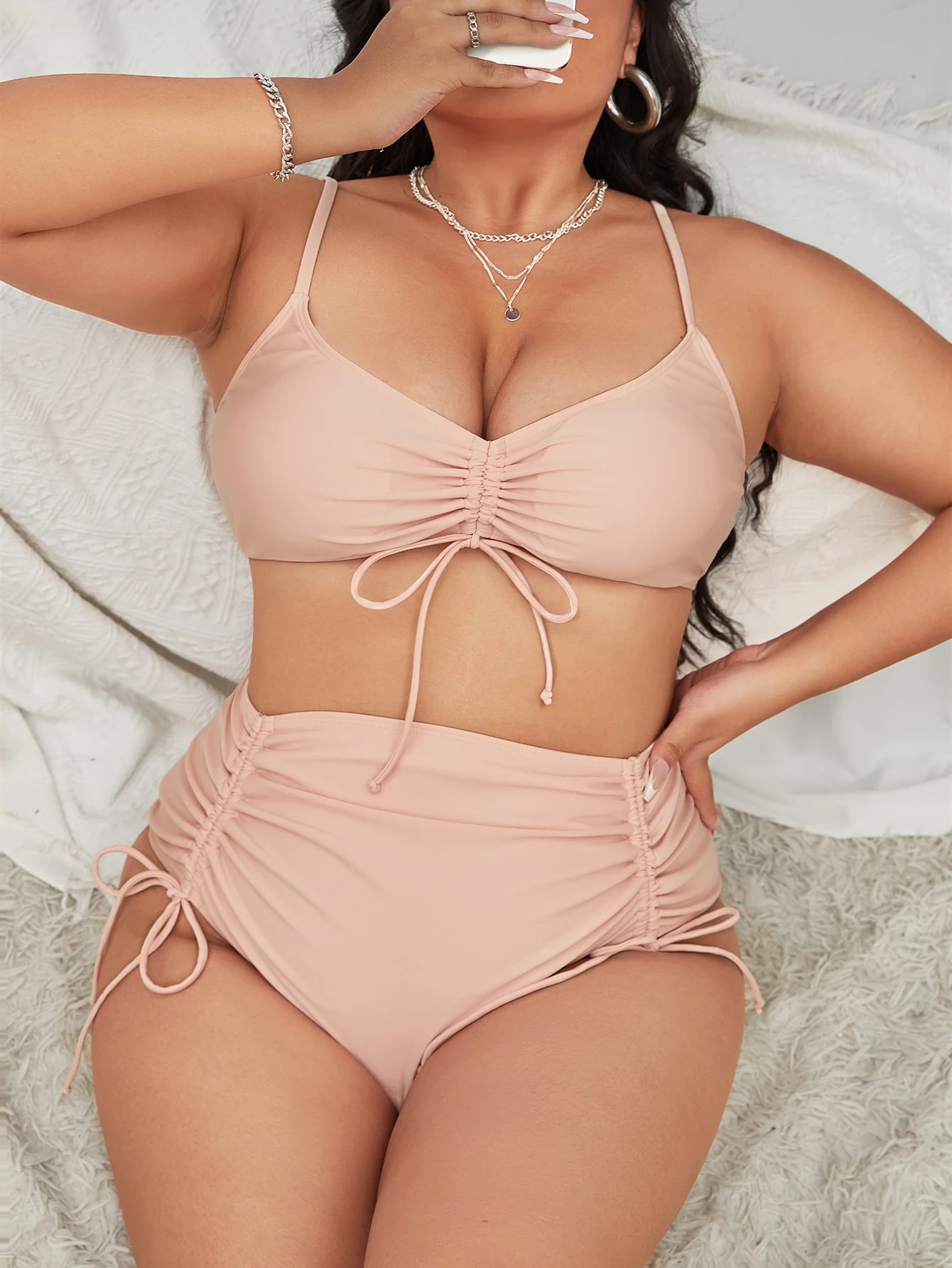 Plus Plain Drawstring Bikini Swimsuit | SHEIN