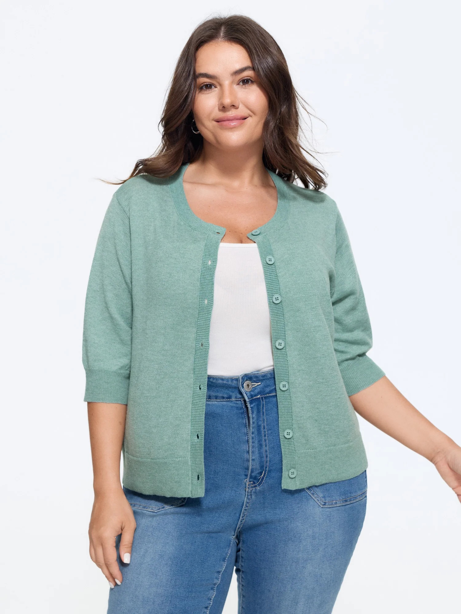 Heather Crew Neck 3/4 Sleeve Knit Cardigan | Bloomchic