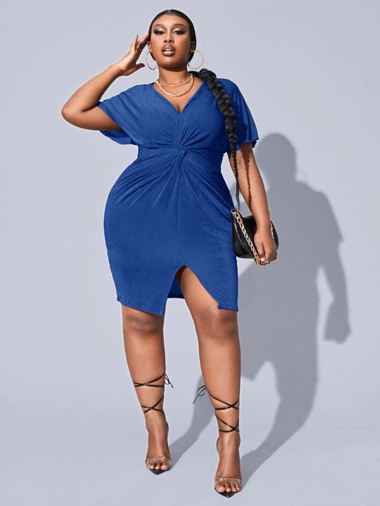 SHEIN SXY Plus Batwing Sleeve Twist Front Split Hem Bodycon Dress | SHEIN