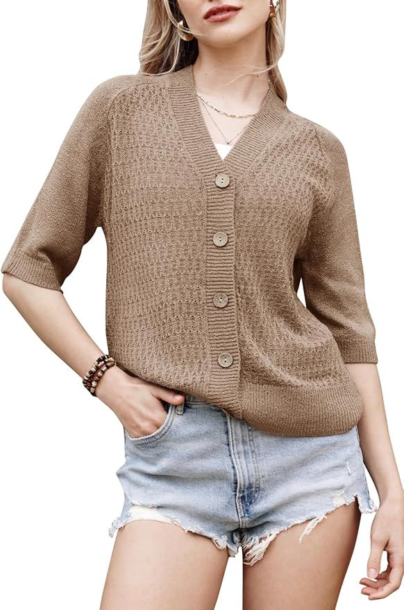 Arach&Cloz Womens Spring Summer 2024 Cardigan Sweaters Short Sleeve Button Crochet Knit Shrugs Fa... | Amazon (US)