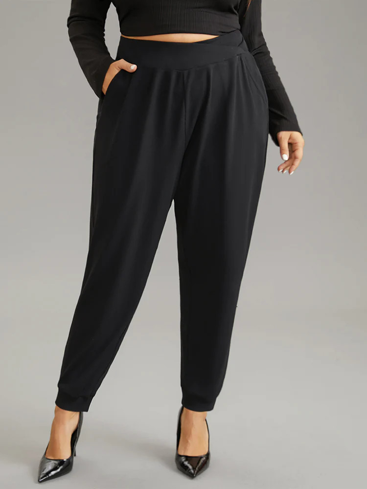 Crossover Plain Texture High Rise Pants | Bloomchic