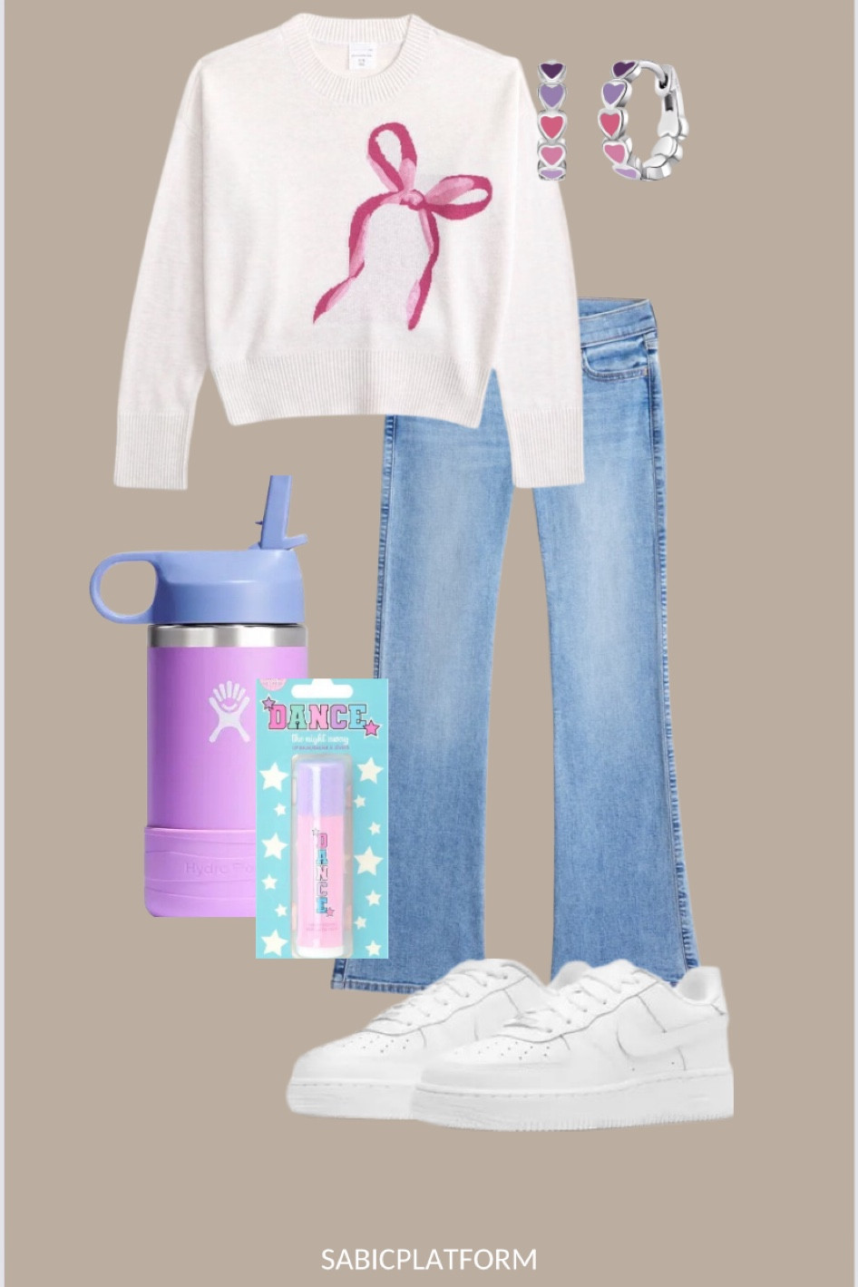 Outfit inspo, abercrombie, jeans, denim, flare jeans, crewneck sweater, water bottle, chapstick, nike, sneakers, kids shoes, white shoes, earrings, nordstrom, target, crew sweater, 

#LTKBacktoSchool #LTKKids #LTKStyleTip