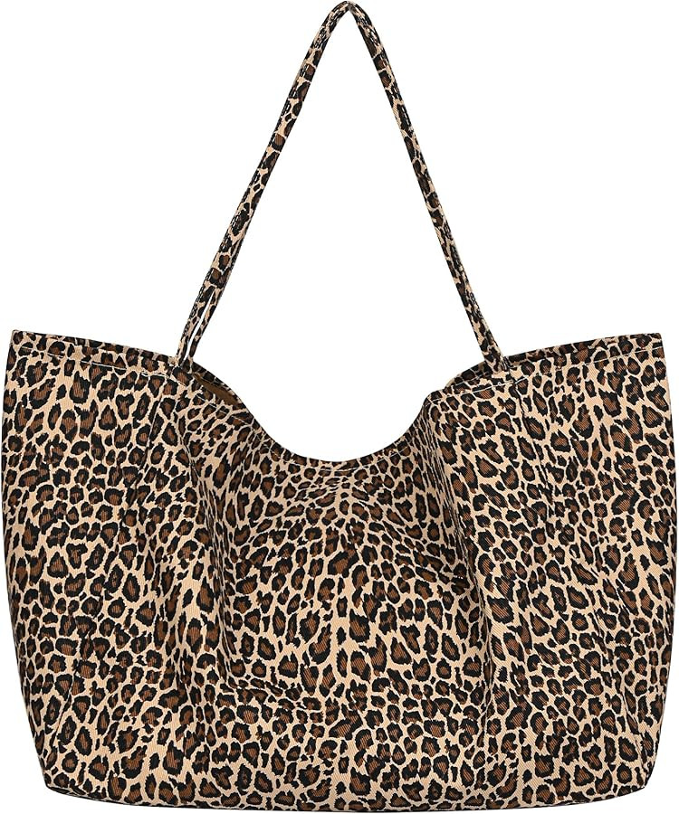 Large Leopard Print Canvas Tote Bag, Shoulder Handbag, Beach Shopping Purse | Amazon (US)