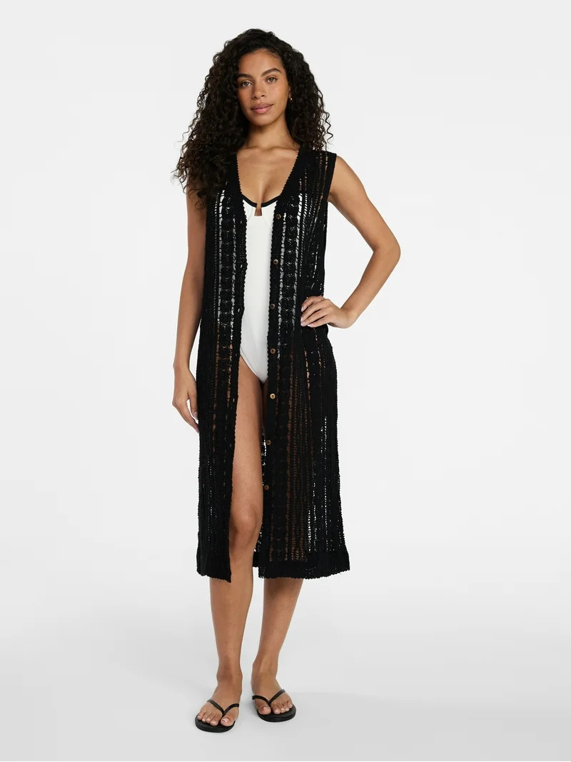 Time and Tru Women's Crochet Button Down Coverup, Size S/M, Black Soot | Walmart (US)