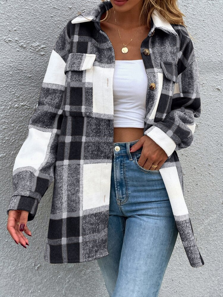 Plaid Print Flap Pocket Drop Shoulder Wool-Mix Fabric Overcoat | SHEIN
