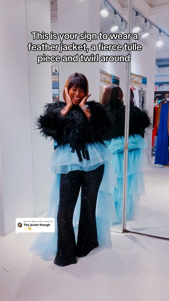 Alice + Olivia Kidman Feather Boxy Jacket with tiered tulle top and black sequin flare pants 

Fall fashion. Fall style. Chic fall style. Feather jacket. Sequin outfit. Chic fall fashion. Holiday style. Holiday fashion. 

#LTKStyleTip #LTKVideo