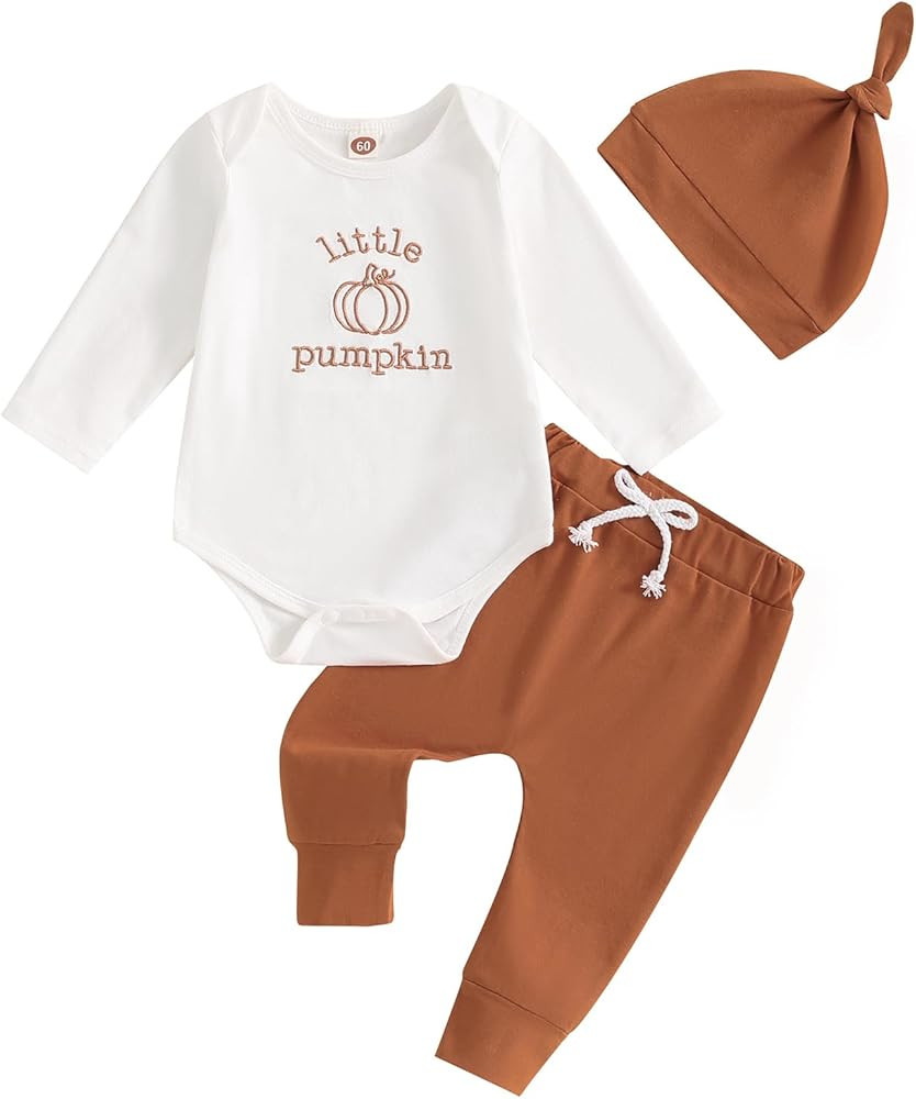 Lamuusaa Newborn Baby Boy Halloween Outfit ''Little Pumpkin'' Embroidery Long Sleeve Romper Long ... | Amazon (US)