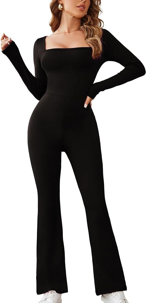 Flare Jumpsuits for Women Long Sleeve Square Neck Full Length Sexy Bodycon Unitard Playsuit S-XL | Amazon (US)