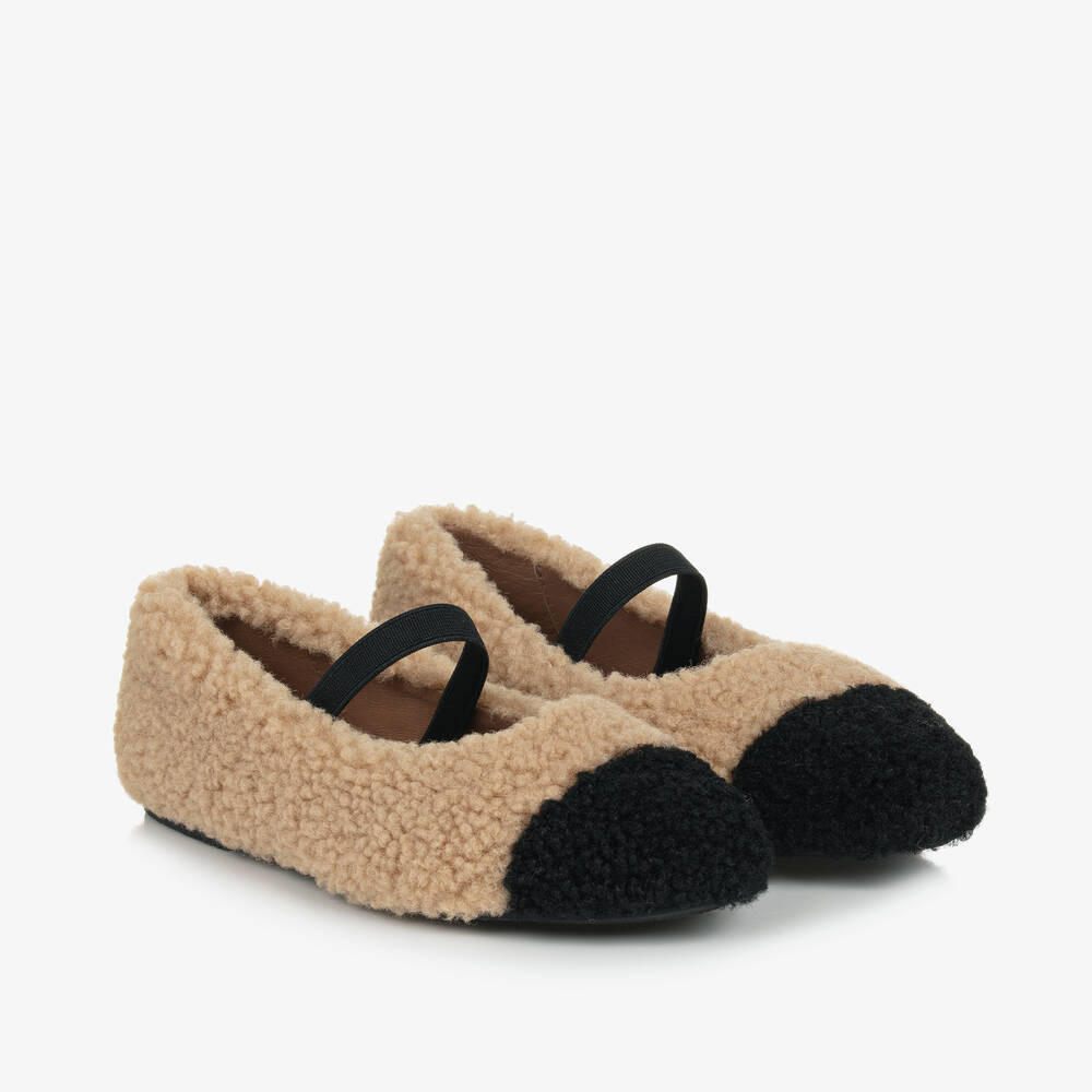 Girls Beige & Black Sherpa Fleece Shoes | Childrensalon