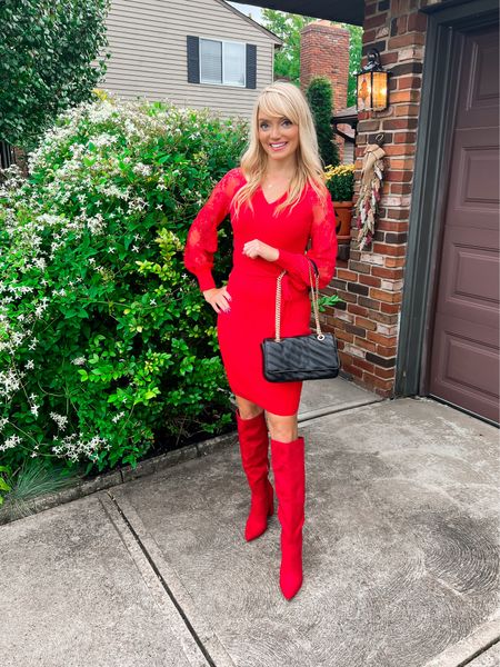 Red lace sleeve sweater dress only $23.99 with a 20% clickable coupon - sweater dresses - fall fashion - fall outfit ideas - red boots by Shoedazzle - Amazon Fashion - Amazon coupons - Amazon deal - Amazon deals 

#LTKSeasonal #LTKsalealert #LTKshoecrush