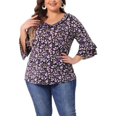 Women's Plus Size Floral Print V Neck Tiered Ruffle 3/4 Sleeve Casual Blouse - Agnes Orinda 1X Purple | Target