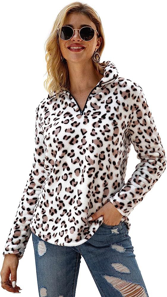 P&A Fashion Women's Long Sleeve Leopard Print Sweatshirt V Neck Quarter Zip Fleece Pullover Tops | Amazon (US)