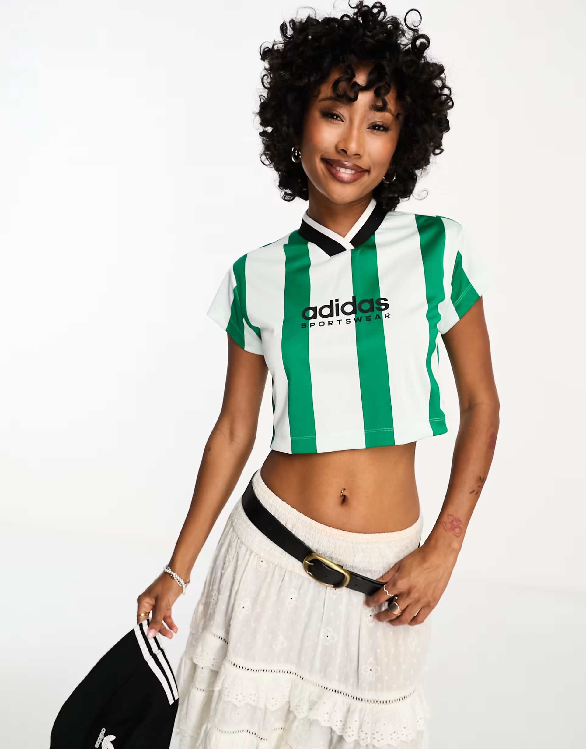 adidas Sportswear Tiro striped cropped t-shirt in green and white | ASOS (Global)