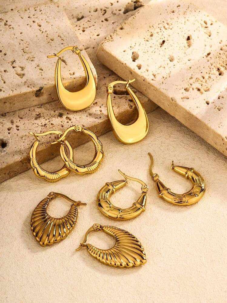 1pair/4pairs French Style Unique Titanium Steel Gold Plated Geometric U Texture Earrings, Simple ... | SHEIN