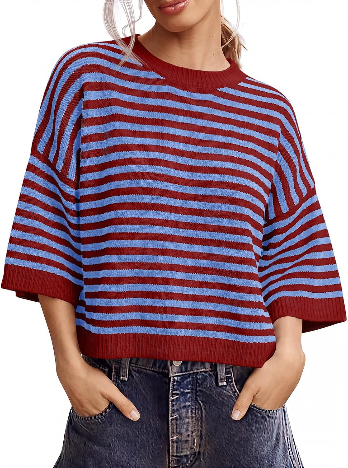 Saodimallsu Womens Short Sleeve Sweater Striped Oversized Sweaters Knit Top | Amazon (US)
