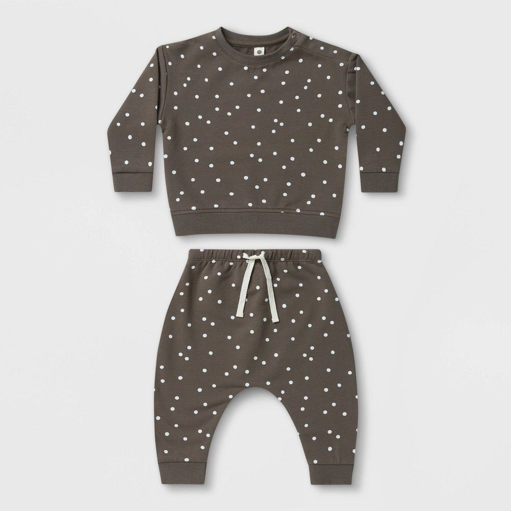Q by Quincy Mae Baby 2pc Dot Fleece Sweatshirt & Sweatpants Set - Ivory 0-3M | Target