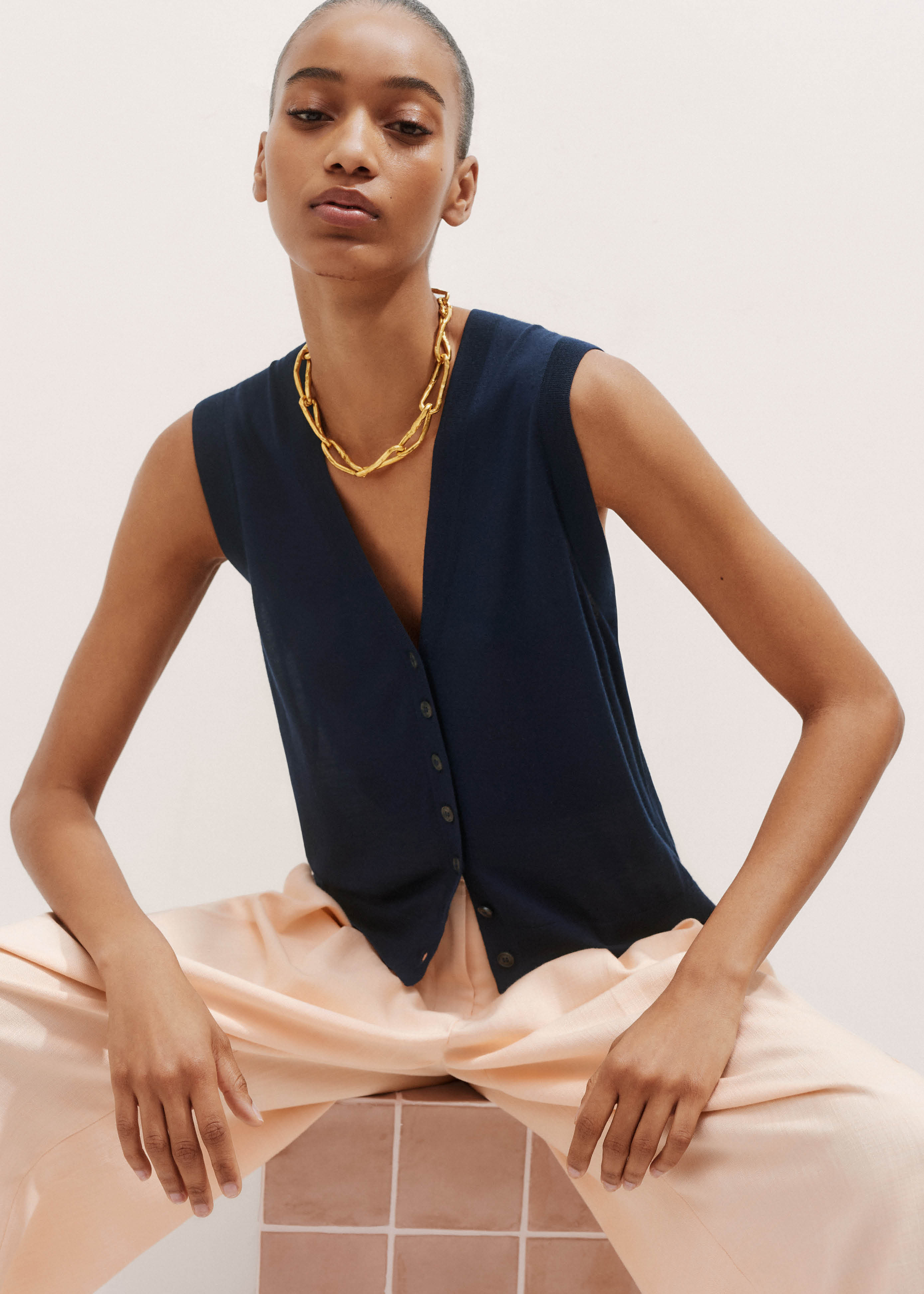 Women's Navy Ultrafine Luxe Merino Button Vest | ME+EM | ME+EM Global (Excluding US)