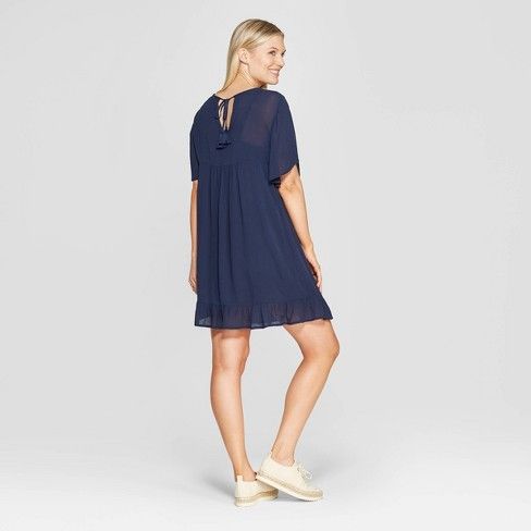Women's Short Sleeve Crewneck Shift Midi Dress With Embroidery - Knox Rose™ Navy | Target