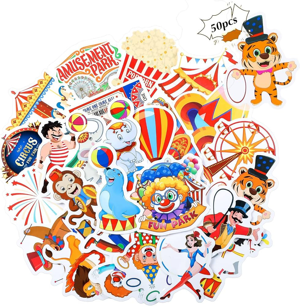50 Pieces Circus Party Favors Stickers Carnival Stickers Animal Clown Sticker Carnival Themed Par... | Amazon (US)