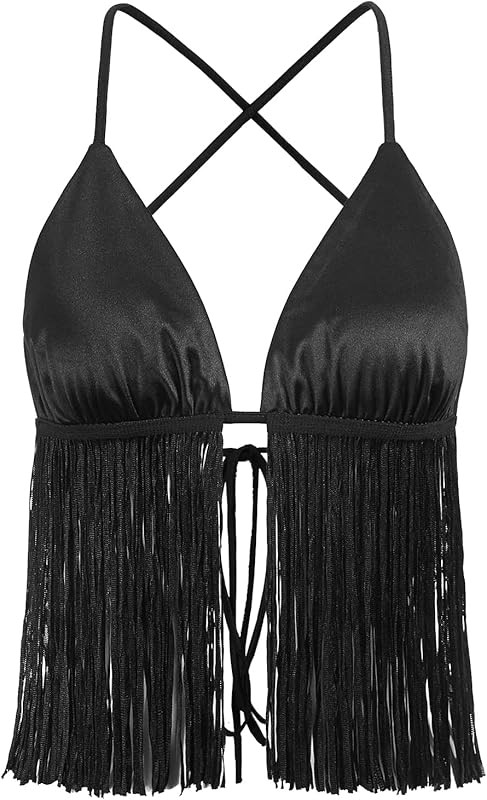 Verdusa Women's Crisscross Tie Backless Fringe Hem Sleeveless Satin Crop Cami Top | Amazon (US)