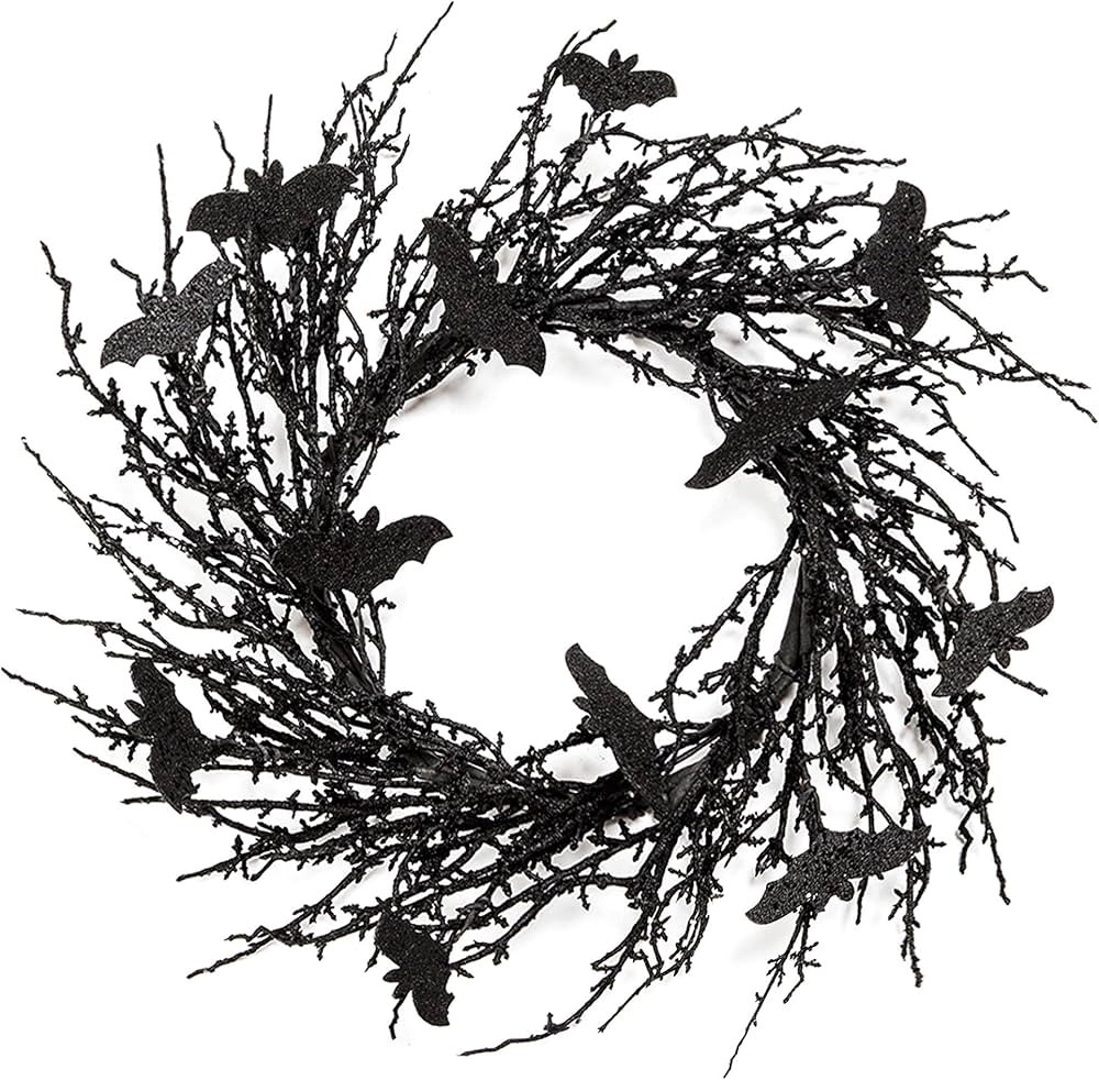18 Inch Black Halloween Wreath Bat Wreath Door Wreath with Glitter Bats Decorations Halloween Par... | Amazon (US)