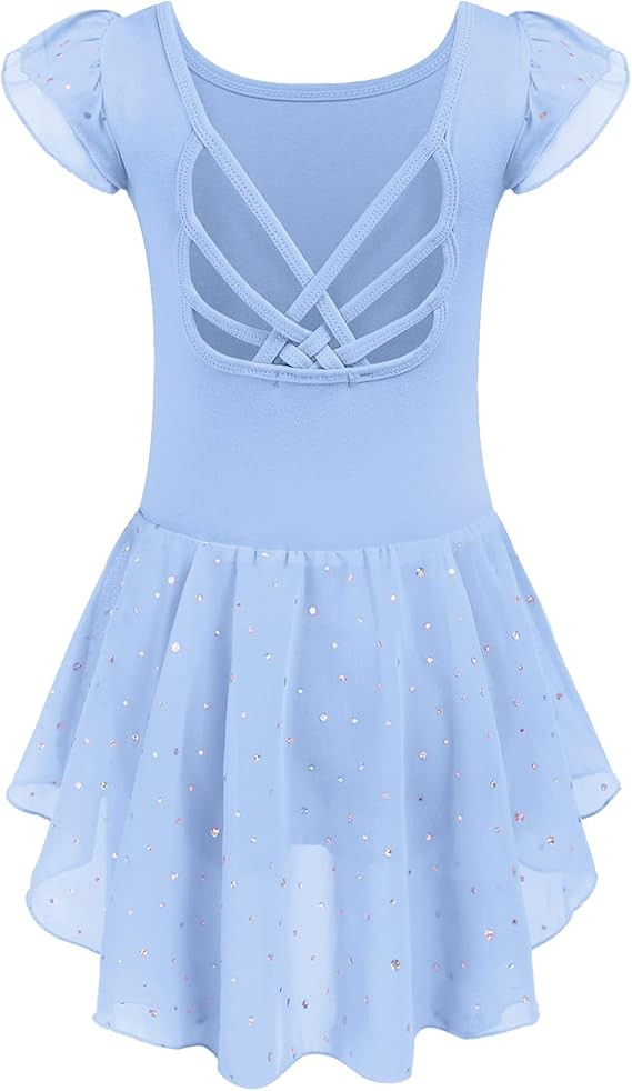 Arshiner Girls Shiny Ruffle Sleeve Ballet Leotard with Skirt Criss-Cross Back Dance Dresses | Amazon (US)