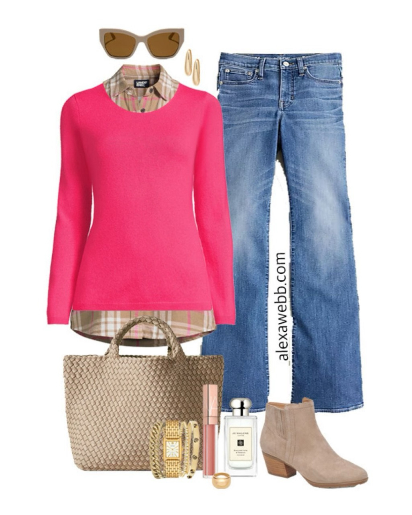 Plus Size Flannel & Pink Sweater Outfits - A plus size casual outfit for fall into winter with a hot pink cashmere sweater, plaid flannel shirt, bootcut jeans, trendy woven tote bag, and ankle booties. Alexa Webb #plussize

#LTKStyleTip #LTKPlusSize #LTKSeasonal