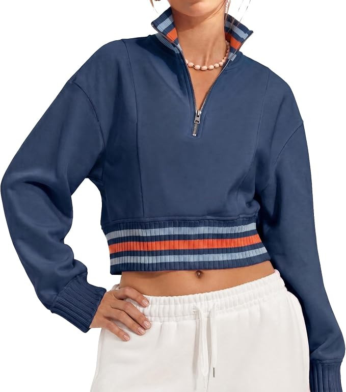 Fisoew Womens Half Zip Crop Pullover Sweatshirt Stripe Long Sleeve Jacket | Amazon (US)