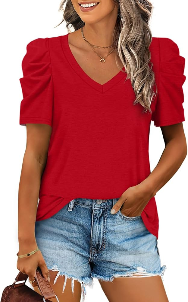 XIEERDUO Womens Summer Shirt V Neck Casual Red TShirt Denim Shorts Outfit Jean Shorts Outfits | Amazon (US)