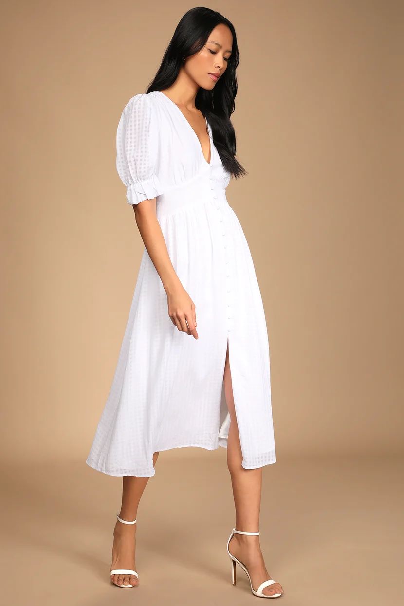 Right Next To You White Puff Sleeve Button-Up Midi Dress | Lulus (US)