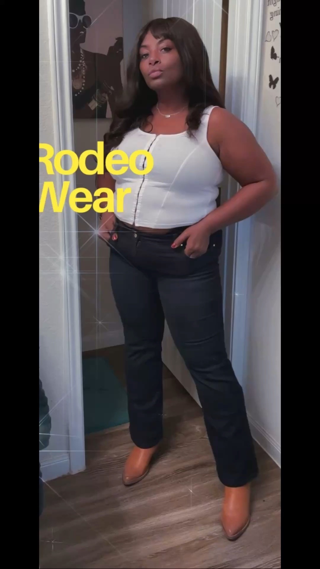 Rodeo Houston outfit of the day simple Rachel Roy bootcut jeans, white corset top and brown boots, comfortable look shop the look and similar looks 

#LTKootd #LTKFestival