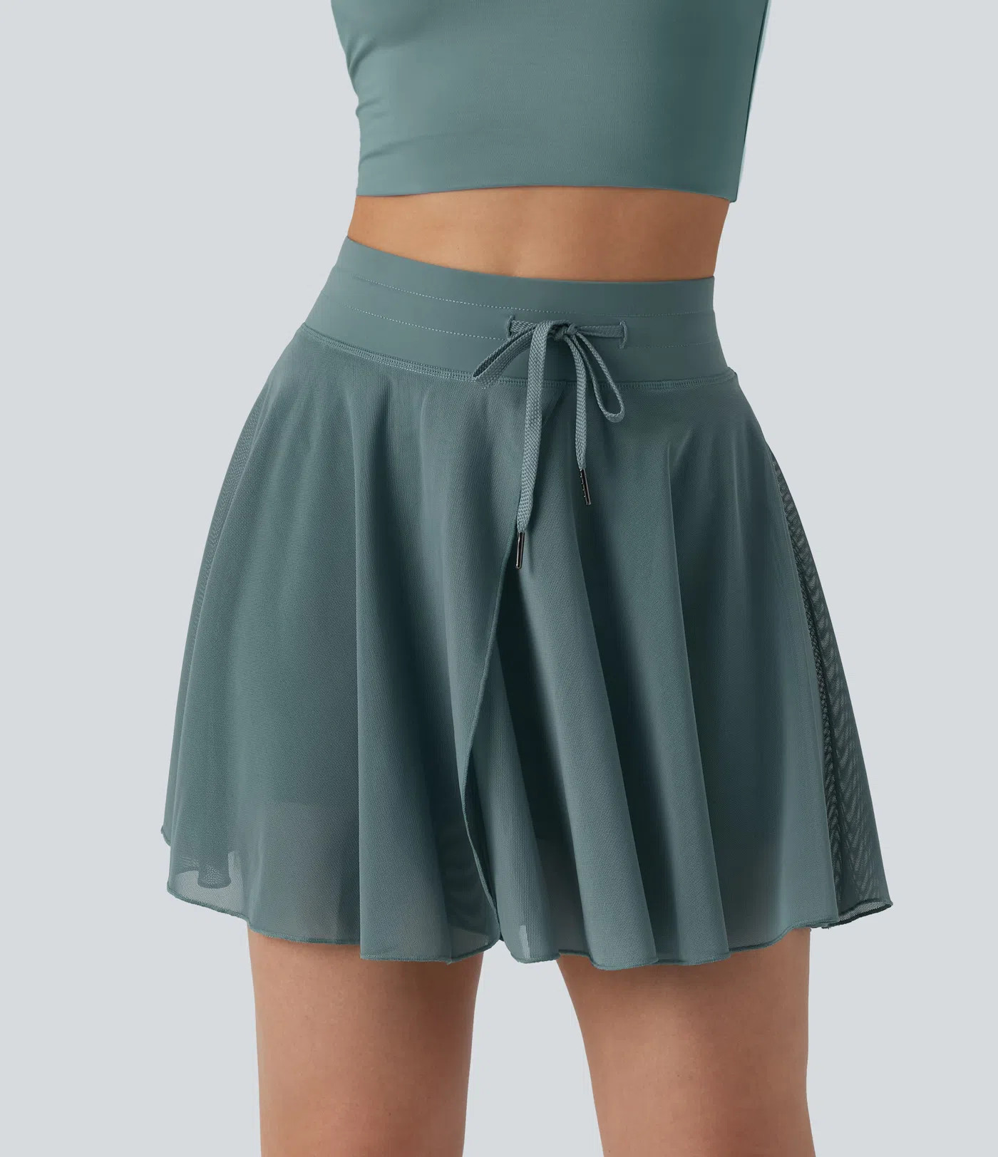 Women’s High Waisted Drawstring Contrast Mesh 2-in-1 Pocket Flowy Mini Flare Casual Skirt-Longe... | HALARA