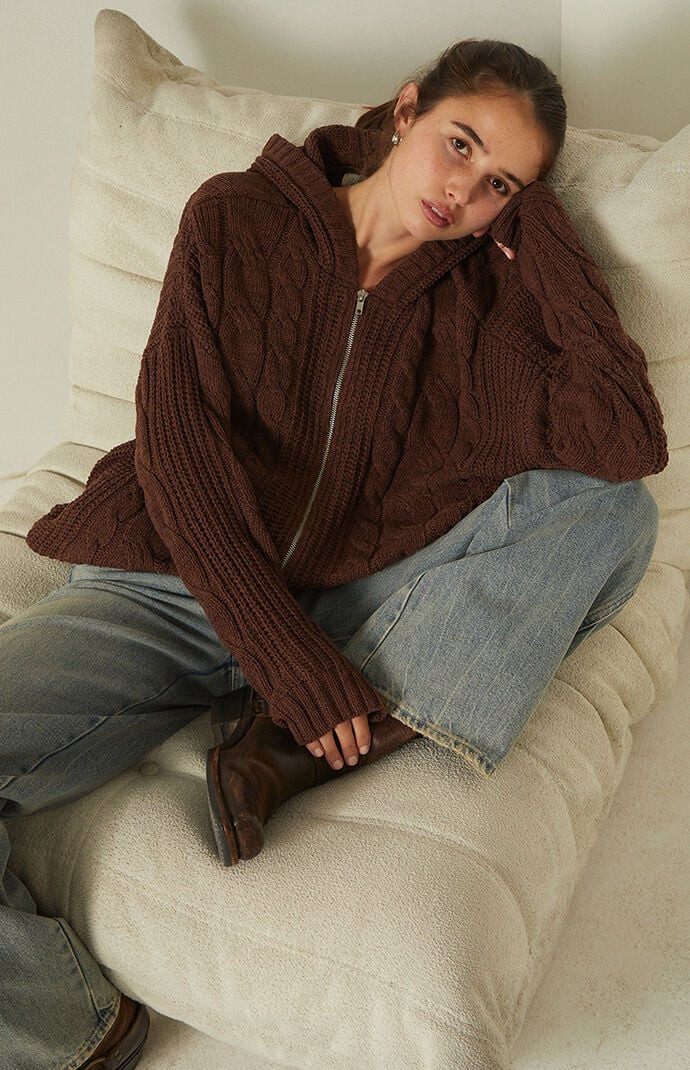 Your Favorite Women's Dylan Zip Up Hooded Cardigan in Brown - Size Small/Medium | PacSun
