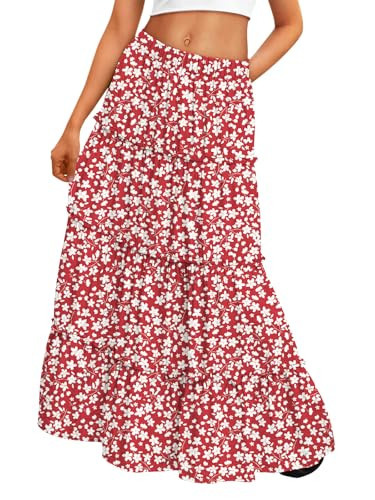 Trendy Queen Long Skirts for Women Boho Maxi Skirt Summer Swing Tiered A-Line Elastic High Waist Dress with Pockets Fashion Red Flower L | Amazon (US)