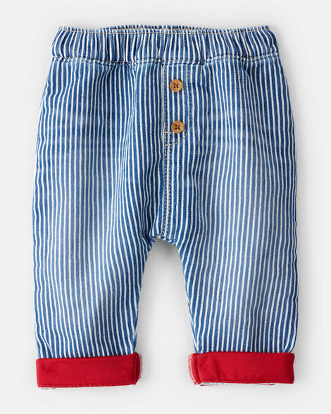 Baby Hickory Stripe Knit-Like Denim Jeans with Bear Pocket - Blue/Ivory | Carter's Inc