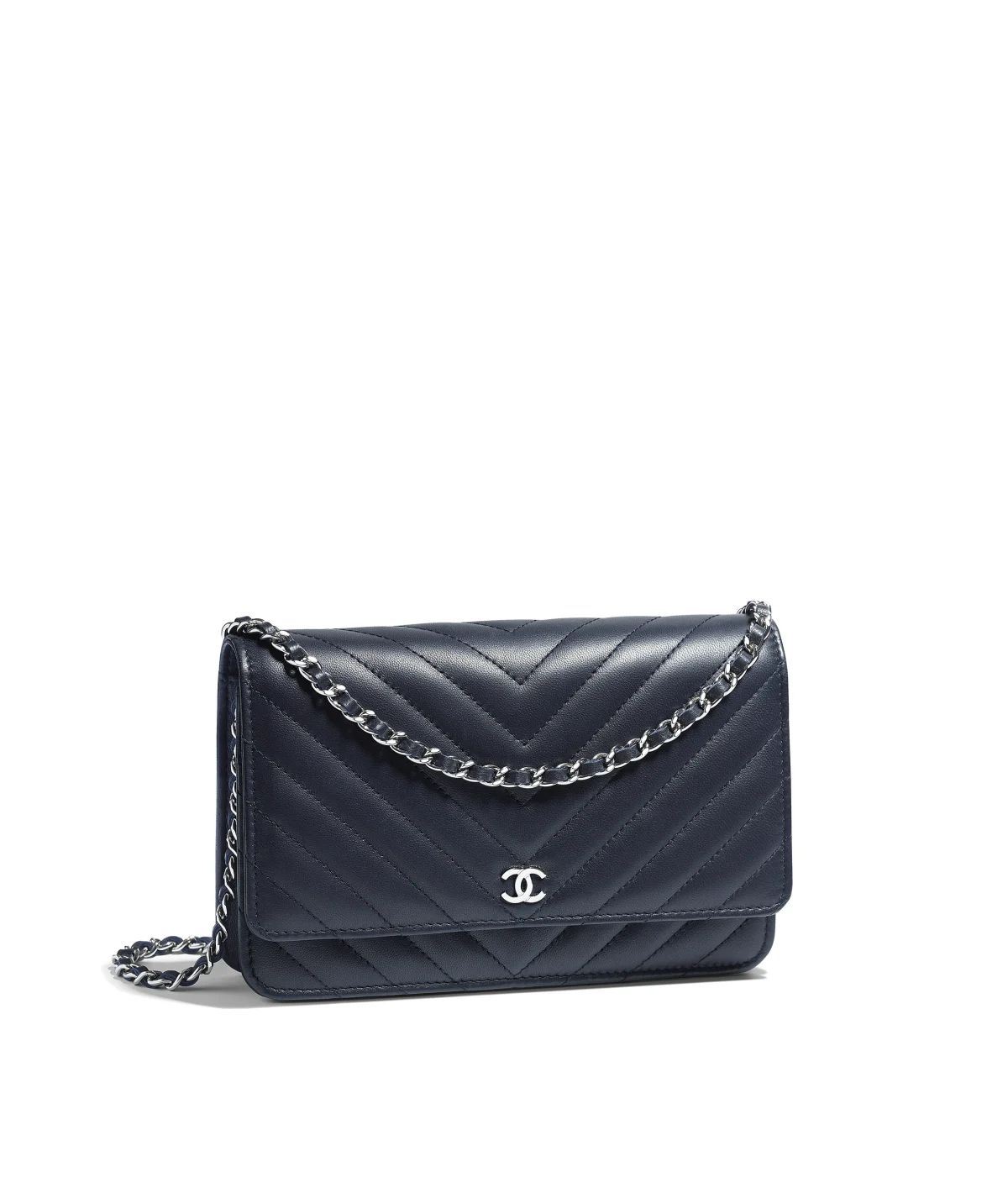 Classic Wallet on Chain, lambskin & silver-tone metal, navy blue - CHANEL | Chanel, Inc. (US)