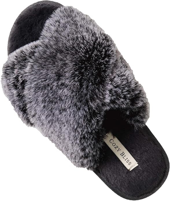 Cozy Bliss Women's Faux Fur Slippers Cross Band Open Toe Breathable Fuzzy Fluffy House Slippers M... | Amazon (US)