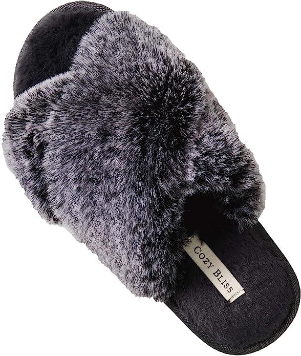 Cozy Bliss Women's Faux Fur Slippers Cross Band Open Toe Breathable Fuzzy Fluffy House Slippers M... | Amazon (US)