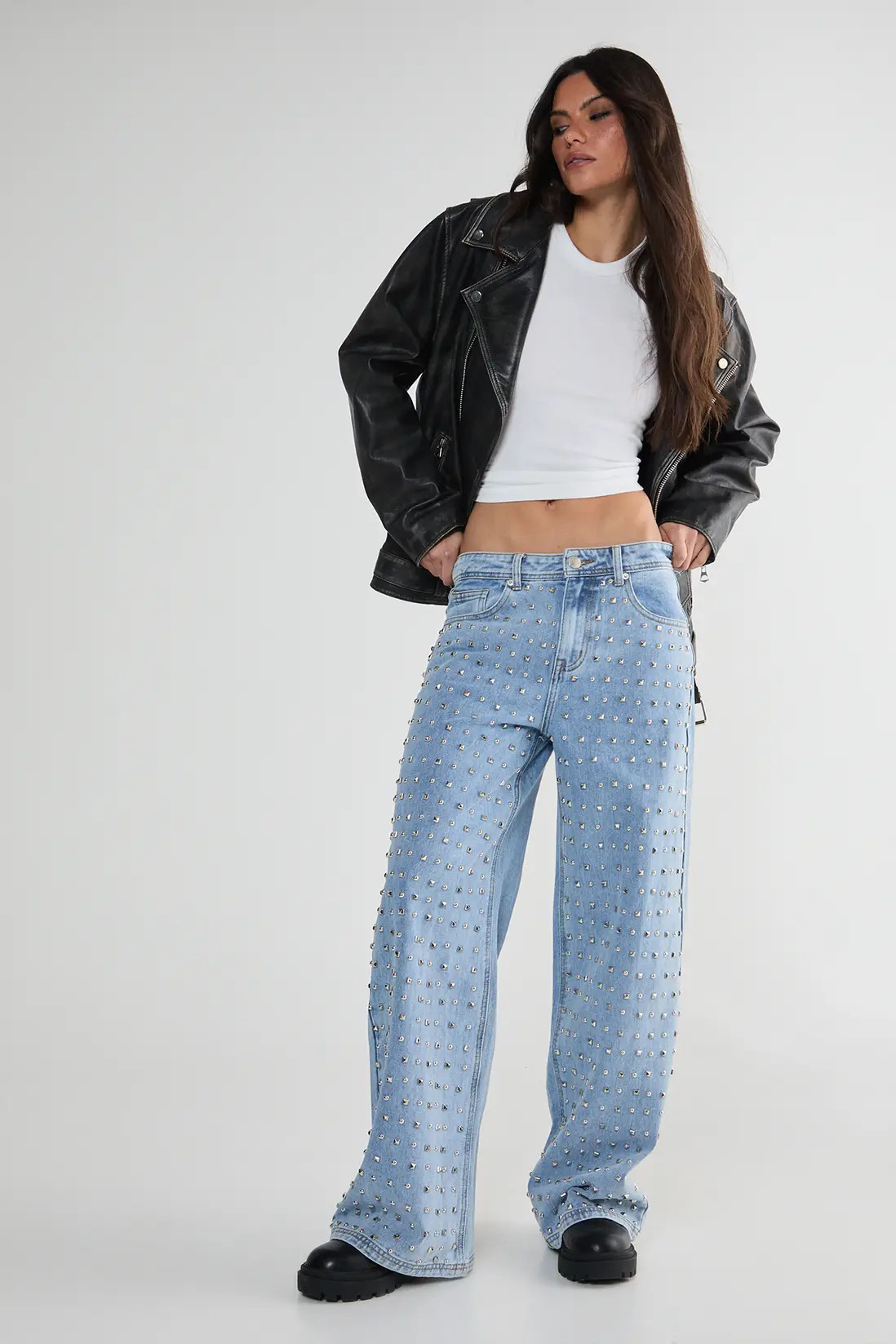 Studded Straight Leg Denim Jeans | Boohoo.com (UK & IE)